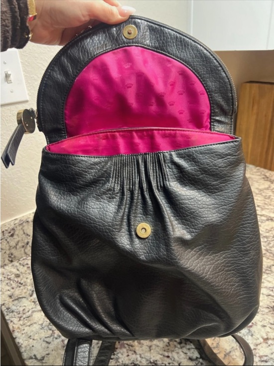 Juicy Couture Black Leather Flap Backpack with Gold Hardware